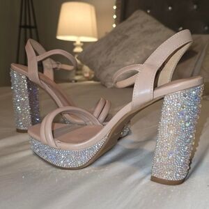 Nude Rhinestone Block Heel Platform Sandals Sz 7.5 – Top Moda Sparkly